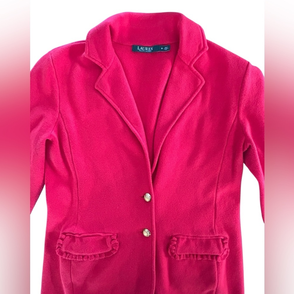 Lauren Ralph Lauren Red Blazer Jacket Women’s M Gold Buttons Ruffle Preppy